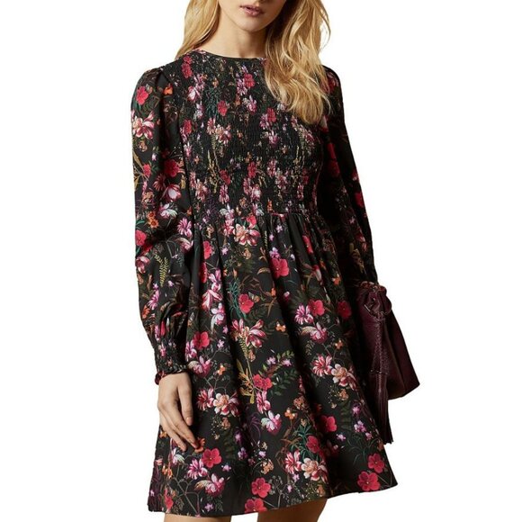 Ted Baker Aerrin Fern Forest Smocked Mini Dress Black TED 3/ US 8 - Picture 2 of 8